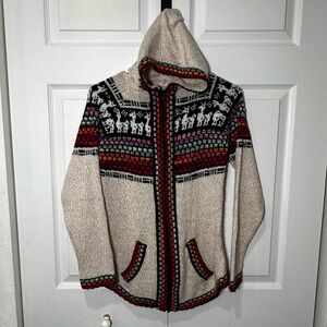 Andean Alpaca Blend Hoodie Zippered Cardigan Llama Pattern Cream Small